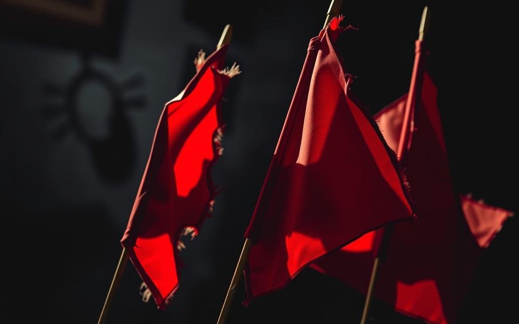 A Detailed Close-Up Of Red Flags Waving Against A Dark, Ominous Background, Symbolizing The Warning Signs Of Identity Theft. The Flags Are Tattered And Frayed, Casting Dramatic Shadows Across The Frame. The Lighting Is Dramatic, With Harsh Shadows And Stark Contrasts, Conveying A Sense Of Urgency And Impending Danger. The Composition Features The Flags As The Dominant Focal Point, With A Blurred, Hazy Background That Adds To The Sense Of Foreboding. The Overall Mood Is One Of Heightened Awareness And The Need To Act Quickly To Address The Potential Threats To One's Financial Well-Being.