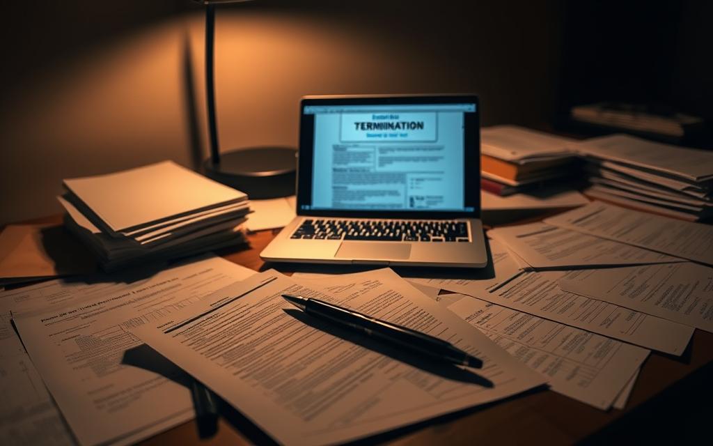 A Dimly Lit Office Desk, Evidence Files And Documents Strewn Haphazardly, A Laptop Screen Displaying Employment Termination Paperwork, A Pen Resting On Top, Casting A Long Shadow. The Scene Conveys A Sense Of Concern And Urgency, As If The Viewer Has Stumbled Upon The Aftermath Of An Unlawful Termination Case. Soft, Warm Lighting Illuminates The Desk, Creating A Somber, Serious Atmosphere. The Angle Is Slightly Elevated, Inviting The Viewer To Ponder The Implications Of The Evidence Before Them.