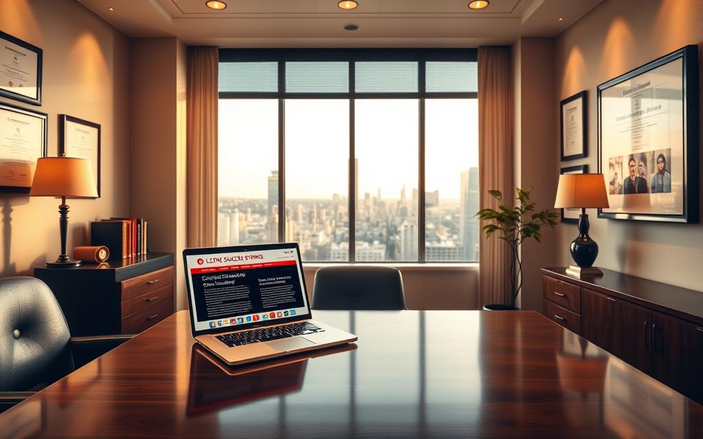 A Serene Office Setting With Warm Lighting And A Polished Wood Desk. On The Desk, An Open Laptop Displaying Client Success Stories, Surrounded By Framed Awards And Certificates On The Walls. A Large Window In The Background Offers A View Of A Bustling City Skyline. The Room Exudes A Sense Of Professionalism And Accomplishment, Reflecting The Expertise And Dedication Of The Experienced Lawyer. The Overall Atmosphere Conveys Trust, Reliability, And A Proven Track Record Of Successful Client Outcomes.