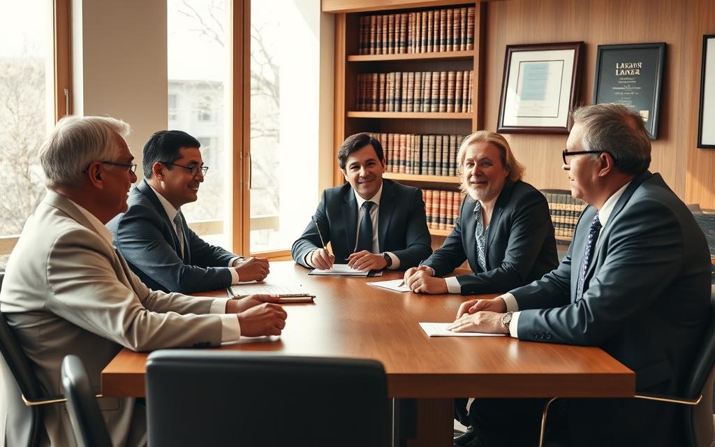 A Team Of Experienced Lawyers Seated Around A Wooden Conference Table, Engaged In A Lively Discussion. Warm, Natural Lighting Filters Through Large Windows, Casting A Professional Yet Approachable Atmosphere. The Lawyers' Expressions Convey A Sense Of Expertise And Authority, While Their Body Language Suggests Collaboration And Problem-Solving. In The Background, A Bookshelf Filled With Legal Tomes And A Framed Diploma Or Award Add To The Impression Of Legal Acumen And Credibility. The Overall Scene Evokes A Sense Of Trust, Reliability, And The Ability To Handle Complex Legal Matters With Skill And Experience.