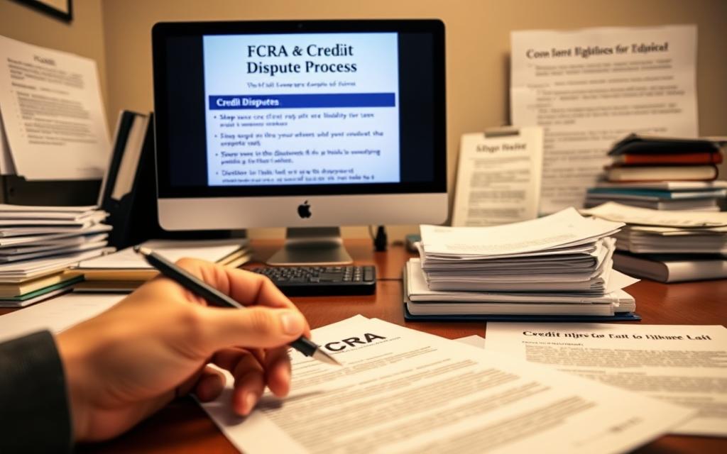 An Office Desk With Stacks Of Documents, Folders, And A Computer Monitor Displaying The Fcra Credit Dispute Process. The Lighting Is Soft And Warm, Creating A Professional, Authoritative Atmosphere. In The Foreground, A Hand Is Holding A Pen, Ready To Fill Out Credit Dispute Forms. The Middle Ground Features Key Steps Of The Fcra Process, Such As Obtaining Credit Reports, Identifying Errors, And Initiating The Dispute. The Background Showcases Legal References And Resource Materials Related To Consumer Rights And Credit Protection Laws. The Overall Scene Conveys The Importance Of Navigating The Fcra To Safeguard One's Financial Identity.