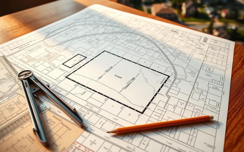 A Detailed Land Survey Map Showing Property Lines, Zoning, And Boundary Markings. The Map Is Spread Out On A Wooden Table, Illuminated By Warm, Natural Lighting. In The Foreground, A Surveyor'S Compass, Ruler, And Pencil Are Neatly Arranged, Indicating The Careful Planning And Precision Of The Survey Process. The Middle Ground Depicts The Property Outline With Precise Measurements And Legal Designations, While The Background Showcases The Surrounding Neighborhood Context, Including Roads, Homes, And Other Infrastructure. The Overall Mood Is One Of Professionalism, Attention To Detail, And The Importance Of Understanding Property Boundaries And Zoning Regulations.