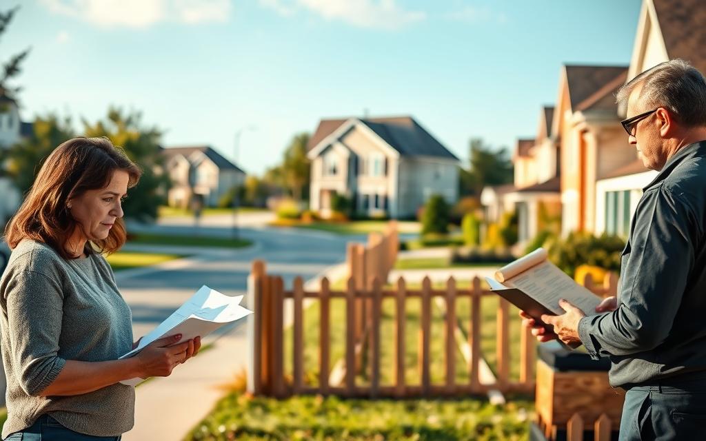 A Neatly Organized Series Of Steps Depicting The Process Of Resolving A Fence Violation, Set Against A Backdrop Of A Well-Manicured Suburban Neighborhood. In The Foreground, A Concerned Homeowner Reviews Legal Documents And Speaks With A Municipal Official, Their Expressions Conveying The Gravity Of The Situation. The Middle Ground Features A Partially Constructed Fence, Its Unfinished State Highlighting The Problem At Hand. In The Background, A Serene Residential Street With Well-Kept Homes And Lush Greenery, Suggesting The Tranquility That Can Be Restored Once The Violation Is Addressed. Warm, Natural Lighting Casts A Hopeful Glow, With A Shallow Depth Of Field That Emphasizes The Central Characters And Their Resolution-Oriented Actions.