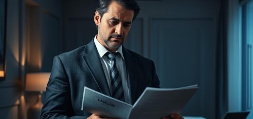 A Professional Businessman Standing In Front Of A Dimly Lit Office, His Expression Troubled As He Reviews Employment Documents. In The Background, A Partially Obscured Case File Sits On A Desk, Hinting At The Dismissed Charges That Still Linger, Casting A Shadow Over His Career Prospects. Soft, Dramatic Lighting Illuminates The Scene, Creating A Sense Of Uncertainty And The Weight Of The Past. The Composition Emphasizes The Contrast Between The Man'S Present Uncertainty And The Unresolved History That Threatens To Undermine His Future.