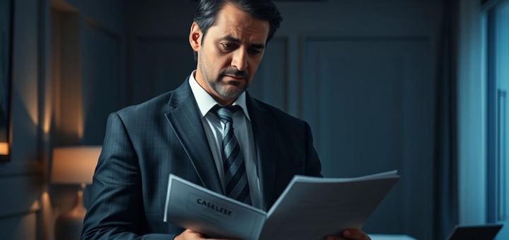A Professional Businessman Standing In Front Of A Dimly Lit Office, His Expression Troubled As He Reviews Employment Documents. In The Background, A Partially Obscured Case File Sits On A Desk, Hinting At The Dismissed Charges That Still Linger, Casting A Shadow Over His Career Prospects. Soft, Dramatic Lighting Illuminates The Scene, Creating A Sense Of Uncertainty And The Weight Of The Past. The Composition Emphasizes The Contrast Between The Man'S Present Uncertainty And The Unresolved History That Threatens To Undermine His Future.