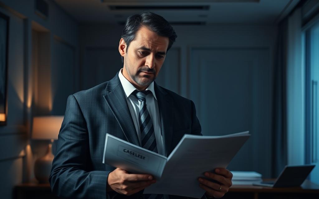 A Professional Businessman Standing In Front Of A Dimly Lit Office, His Expression Troubled As He Reviews Employment Documents. In The Background, A Partially Obscured Case File Sits On A Desk, Hinting At The Dismissed Charges That Still Linger, Casting A Shadow Over His Career Prospects. Soft, Dramatic Lighting Illuminates The Scene, Creating A Sense Of Uncertainty And The Weight Of The Past. The Composition Emphasizes The Contrast Between The Man's Present Uncertainty And The Unresolved History That Threatens To Undermine His Future.