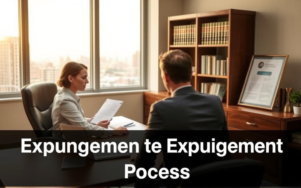 A Well-Lit Office Interior With A Lawyer's Desk, Laptop, And Legal Documents. In The Foreground, A Person Sitting Across The Desk, Discussing Papers With The Lawyer. The Middle Ground Features A Bookshelf With Law Books, And The Background Has A Window Overlooking A Cityscape. The Lighting Is Warm And Professional, Conveying A Sense Of Expertise And Care In The Expungement Process. The Overall Atmosphere Is One Of Thoughtful Collaboration And Legal Guidance.